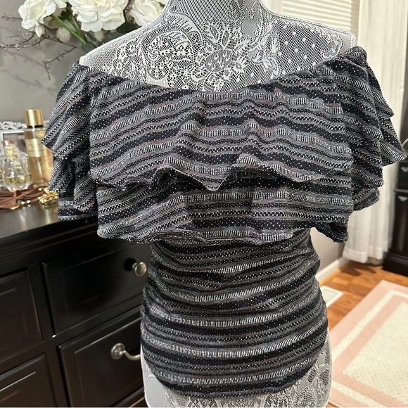 Free People Black Combo Off-Shoulder Ruffle Smocked Top | Size Large - Picture 2 of 16